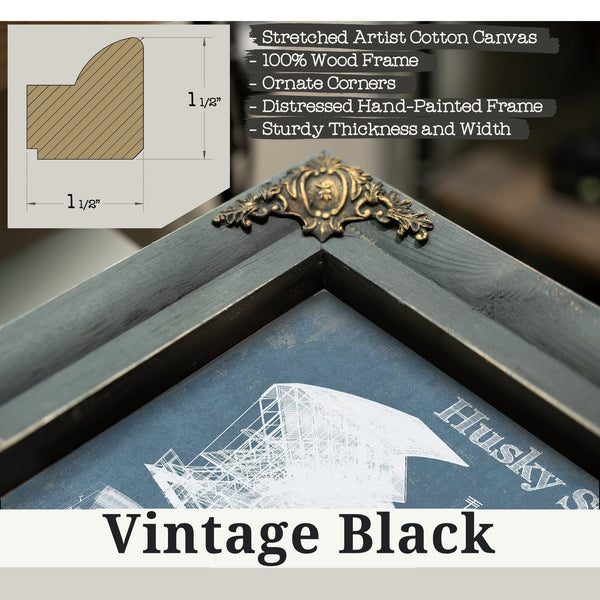 Vintage Black frame corner detail, 1.5 inch ornate wood moulding, Washington Huskies Art Blue Version - Husky Stadium Print