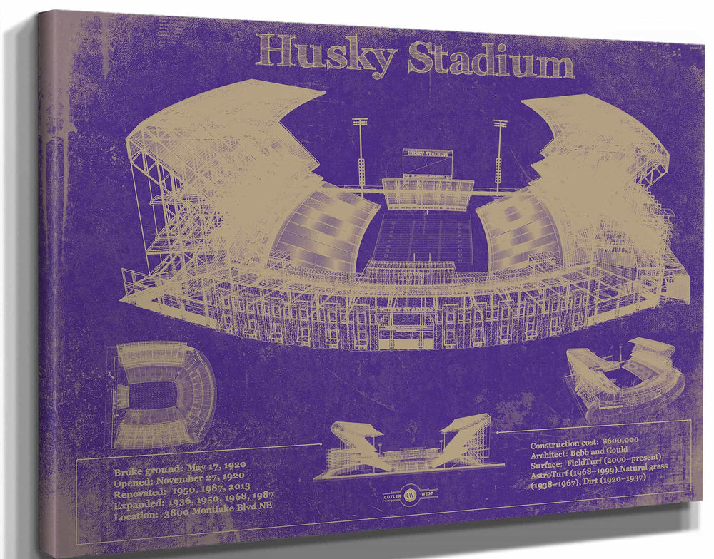 14" x 11" / Stretched Canvas Wrap Cutler West Washington Huskies Art - Husky Stadium Vintage Stadium Blueprint Art Print