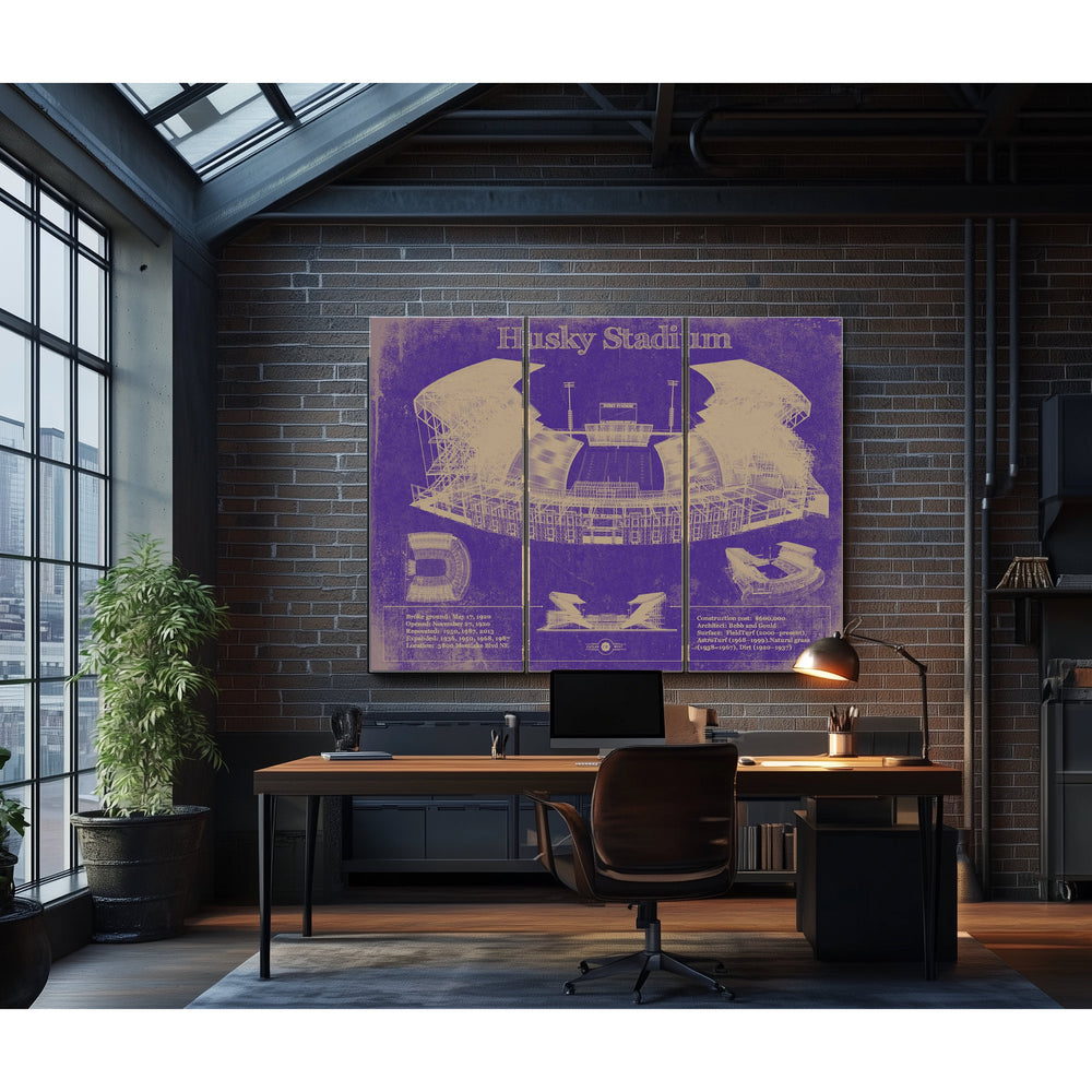 Washington Huskies Art - Husky Stadium Print in a distressed Vintage Black wood frame with ornate corners