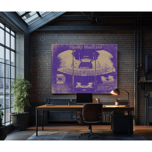 Washington Huskies Art - Husky Stadium Print as a 3 panel canvas wrap in an industrial loft office