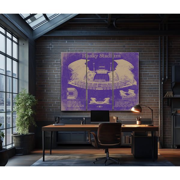 Washington Huskies Art - Husky Stadium Print as a 3 panel canvas wrap in an industrial loft office