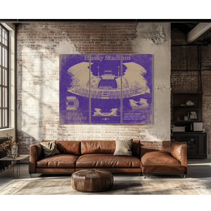 Washington Huskies Art - Husky Stadium Print as a 3 panel canvas wrap above a leather sofa