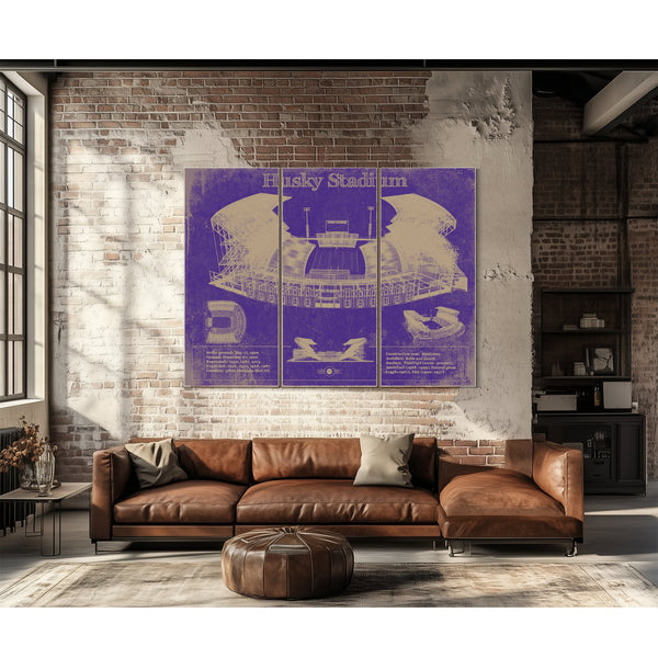 Washington Huskies Art - Husky Stadium Print as a 3 panel canvas wrap above a leather sofa
