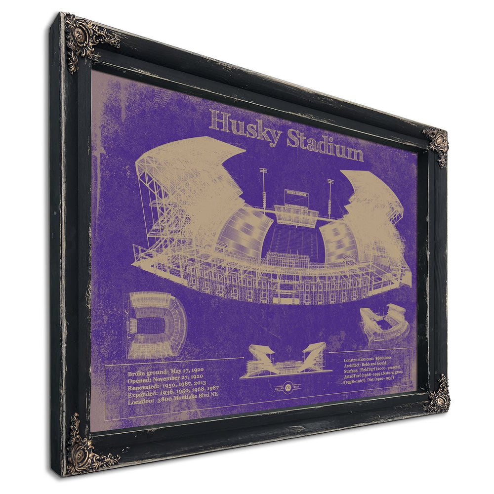 Washington Huskies Art - Husky Stadium Print in a distressed Vintage Black wood frame with ornate corners