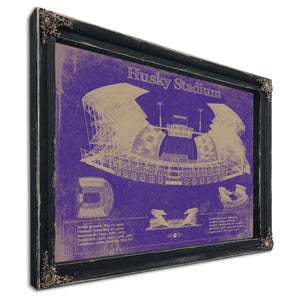 Washington Huskies Art - Husky Stadium Print in a distressed Vintage Black wood frame with ornate corners
