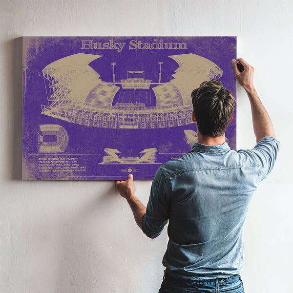 Washington Huskies Art - Husky Stadium Print framed in Vintage Black above a mid-century record console