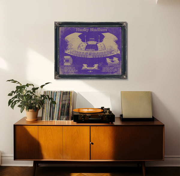 Washington Huskies Art - Husky Stadium Print framed in Vintage Black in a loft bedroom