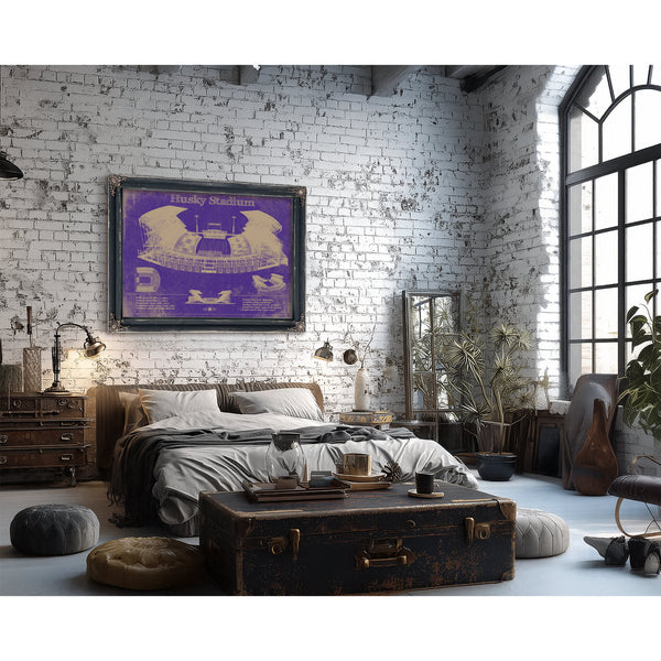 Washington Huskies Art - Husky Stadium Print framed in Vintage Black in a farmhouse entryway