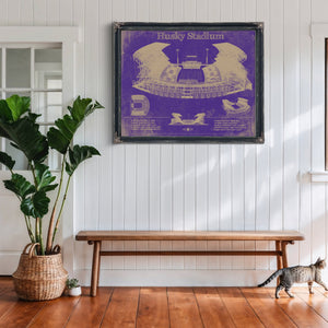 Washington Huskies Art - Husky Stadium Print framed in Vintage Black above a rustic console table
