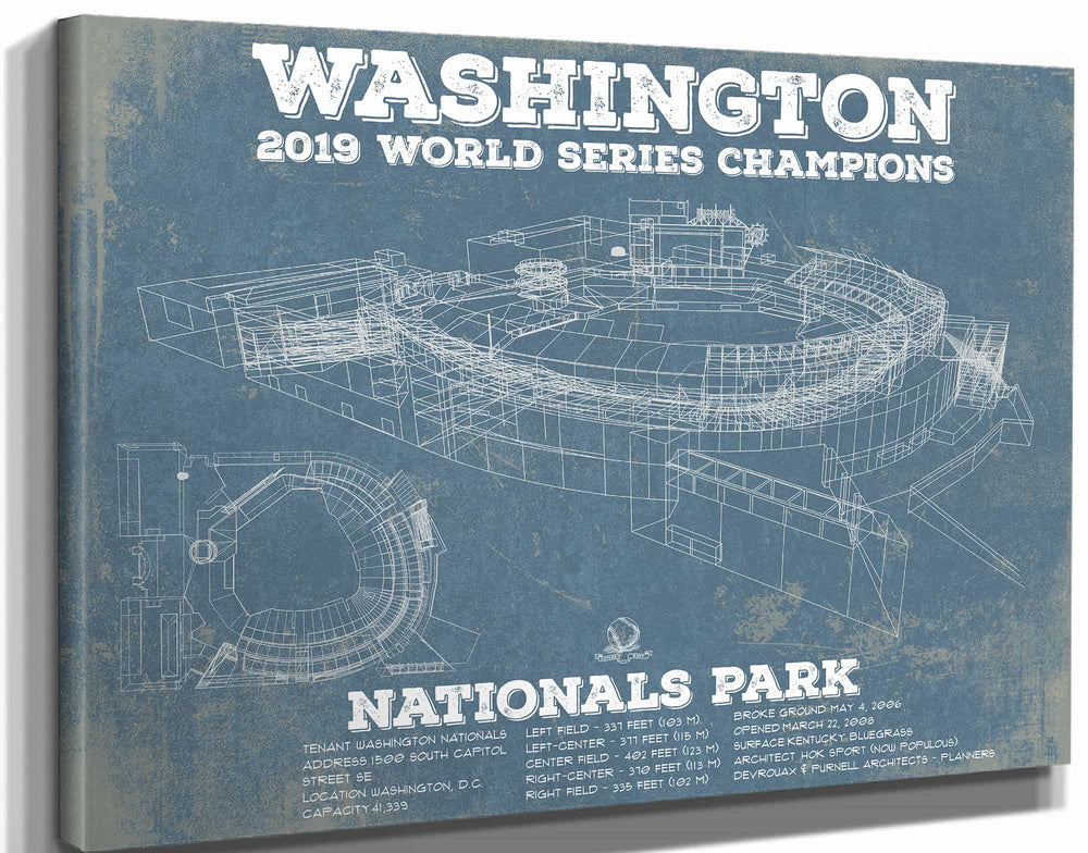 14" x 11" / Stretched Canvas Wrap Cutler West Washington Nationals - National Park Vintage Stadium Blue Print
