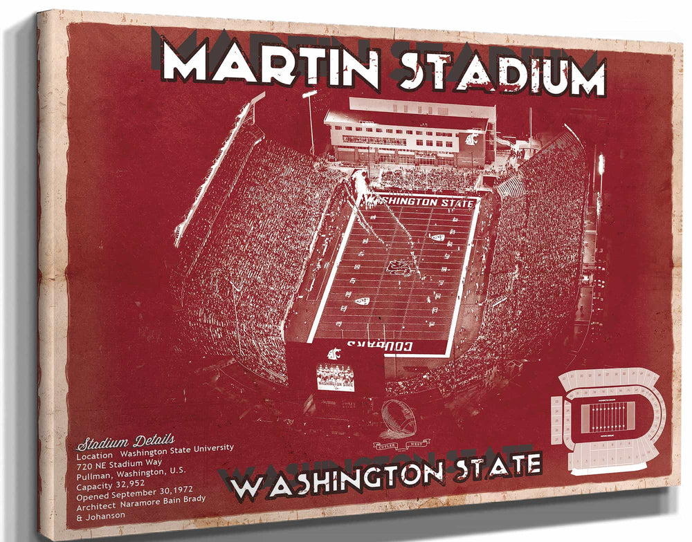 14" x 11" / Stretched Canvas Wrap Cutler West Washington State Cougars Martin Stadium Team Color Vintage Art Print