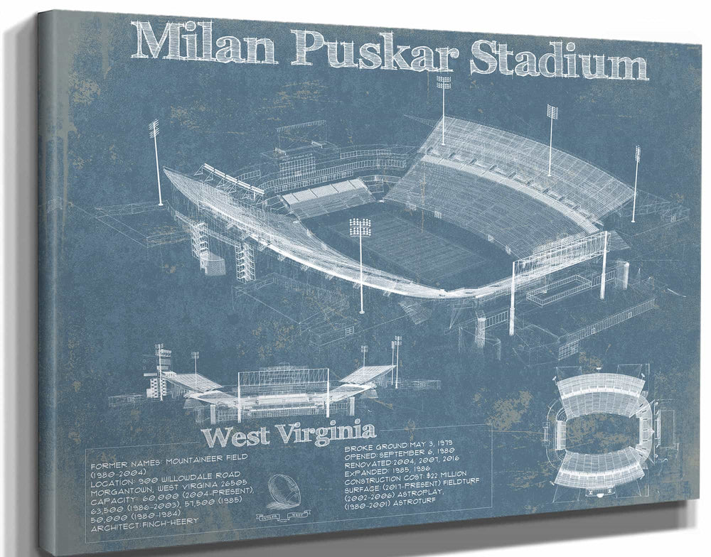 14" x 11" / Stretched Canvas Wrap Cutler West West Virginia Mountaineers - Mountaineer Field at Milan Puskar Stadium Blueprint
