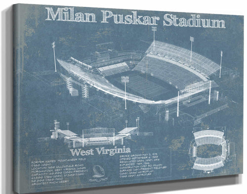 14" x 11" / Stretched Canvas Wrap Cutler West West Virginia Mountaineers - Mountaineer Field at Milan Puskar Stadium Blueprint