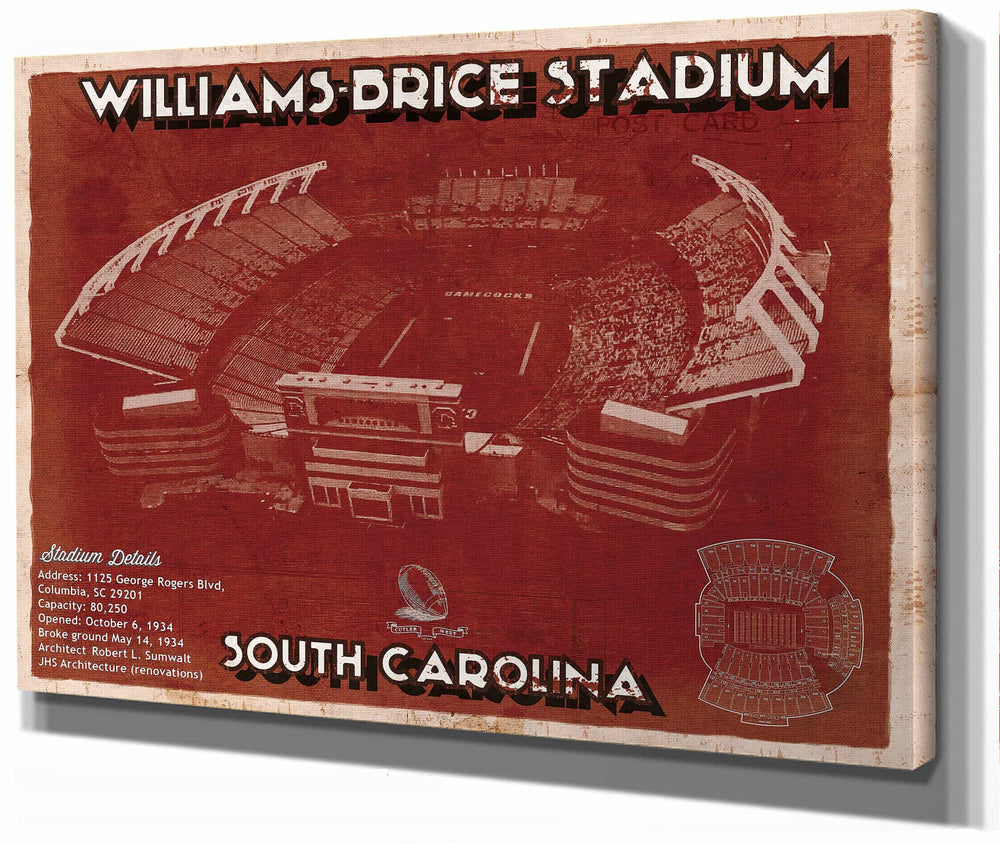14" x 11" / Stretched Canvas Wrap Cutler West Williams-Brice Stadium Art - South Carolina Gamecocks Vintage Blueprint Art Chart