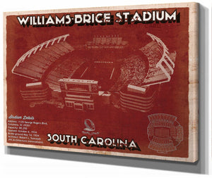 14" x 11" / Stretched Canvas Wrap Cutler West Williams-Brice Stadium Art - South Carolina Gamecocks Vintage Blueprint Art Chart