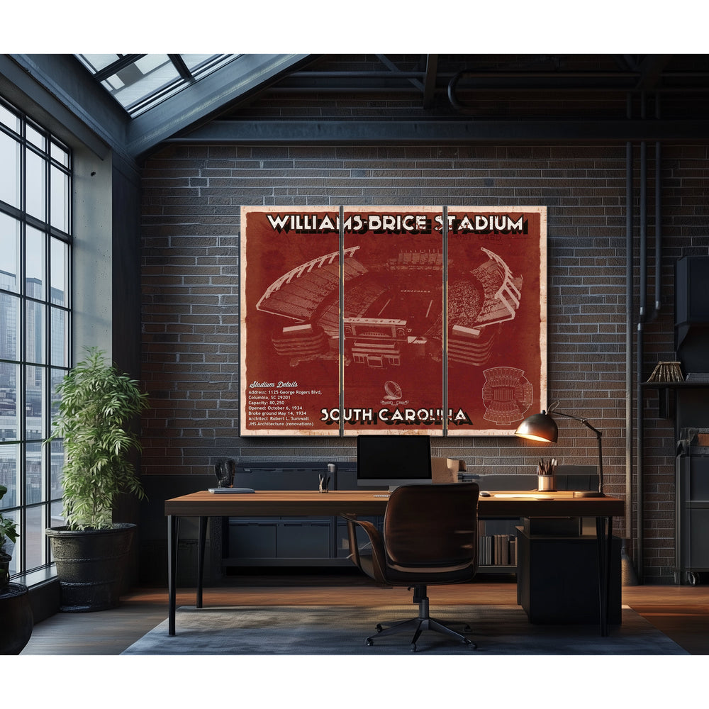 Williams-Brice Stadium Art - South Carolina Gamecocks Print in a distressed Vintage Black wood frame with ornate corners