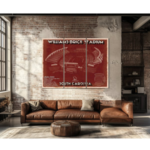 Williams-Brice Stadium Art - South Carolina Gamecocks Print as a 3 panel canvas wrap above a leather sofa