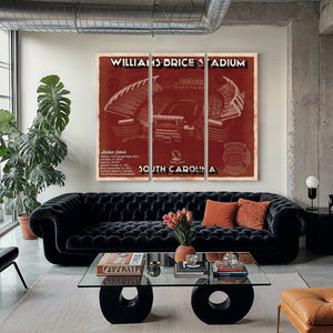 Williams-Brice Stadium Art - South Carolina Gamecocks Print as a 3 panel canvas wrap in a modern living room