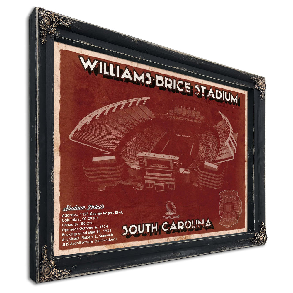 Williams-Brice Stadium Art - South Carolina Gamecocks Print in a distressed Vintage Black wood frame with ornate corners