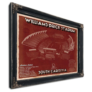 Williams-Brice Stadium Art - South Carolina Gamecocks Print in a distressed Vintage Black wood frame with ornate corners