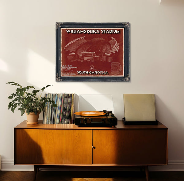 Williams-Brice Stadium Art - South Carolina Gamecocks Print framed in Vintage Black in a loft bedroom