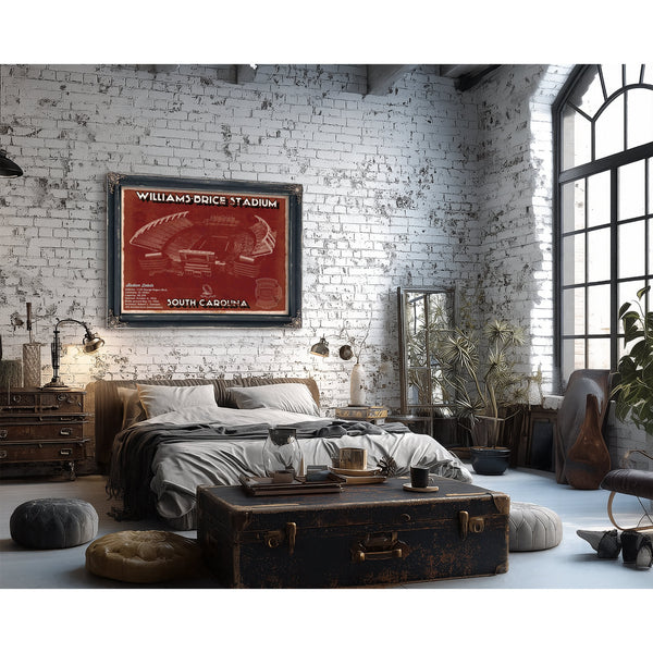 Williams-Brice Stadium Art - South Carolina Gamecocks Print framed in Vintage Black in a farmhouse entryway