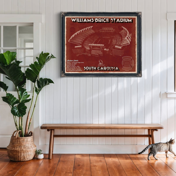 Williams-Brice Stadium Art - South Carolina Gamecocks Print framed in Vintage Black above a rustic console table