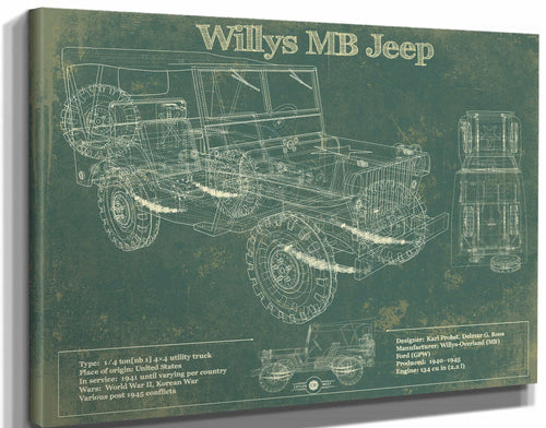14" x 11" / Stretched Canvas Wrap Cutler West Willys MB Military Jeep Army Truck Original Patent Print