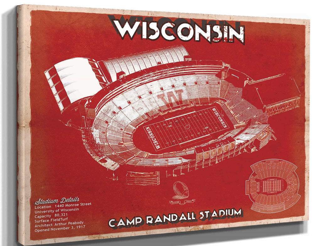 14" x 11" / Stretched Canvas Wrap Cutler West Wisconsin Badgers Camp Randall Stadium Vintage Art Print