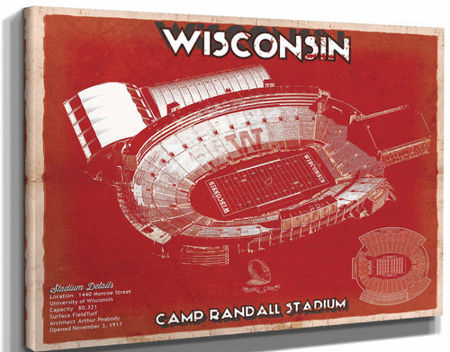 14" x 11" / Stretched Canvas Wrap Cutler West Wisconsin Badgers Camp Randall Stadium Vintage Art Print