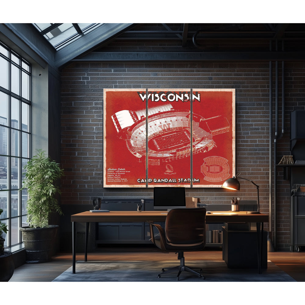 Wisconsin Badgers Camp Randall Stadium Print in a distressed Vintage Black wood frame with ornate corners