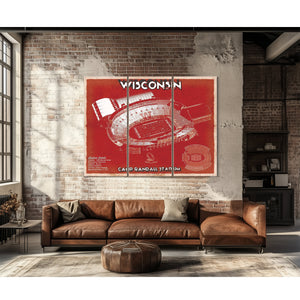 Wisconsin Badgers Camp Randall Stadium Print as a 3 panel canvas wrap above a leather sofa
