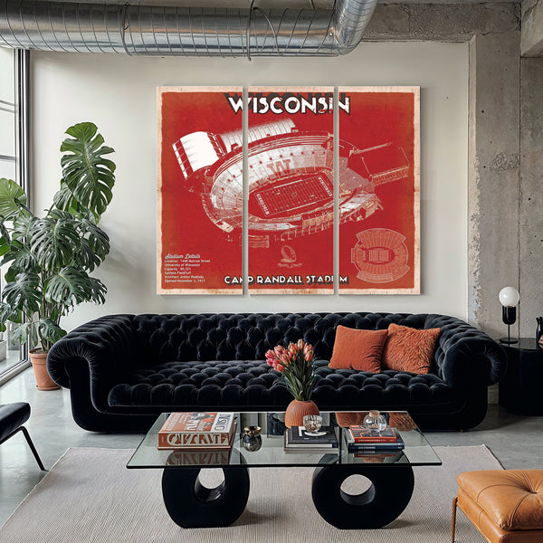 Wisconsin Badgers Camp Randall Stadium Print as a 3 panel canvas wrap in a modern living room