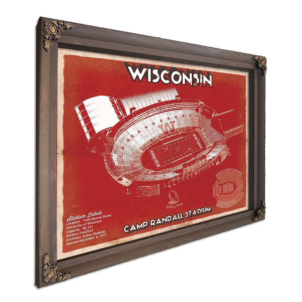 Wisconsin Badgers Camp Randall Stadium Print in a Bourbon stained wood frame with antique gold corners