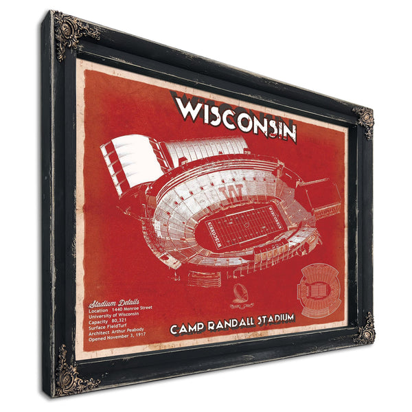 Wisconsin Badgers Camp Randall Stadium Print in a distressed Vintage Black wood frame with ornate corners