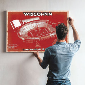 Wisconsin Badgers Camp Randall Stadium Print framed in Vintage Black above a mid-century record console