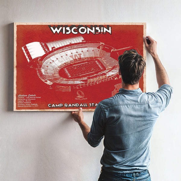 Wisconsin Badgers Camp Randall Stadium Print framed in Vintage Black above a mid-century record console