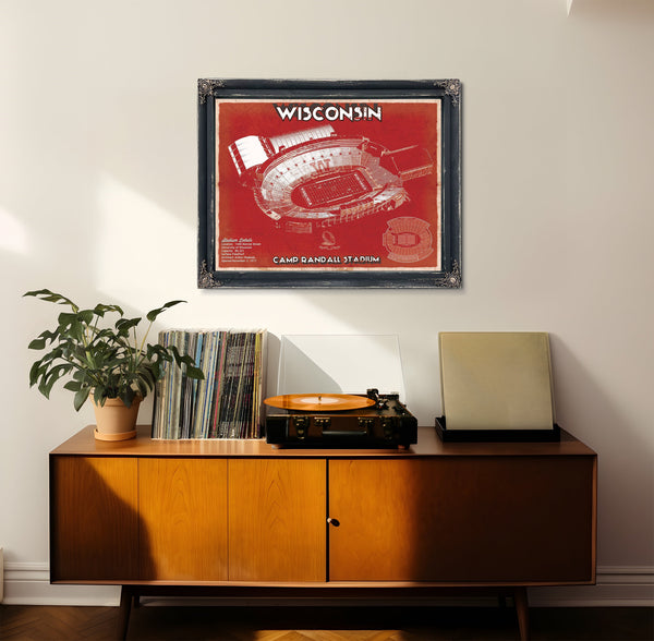 Wisconsin Badgers Camp Randall Stadium Print framed in Vintage Black in a loft bedroom
