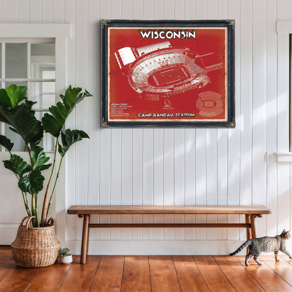 Wisconsin Badgers Camp Randall Stadium Print framed in Vintage Black above a rustic console table