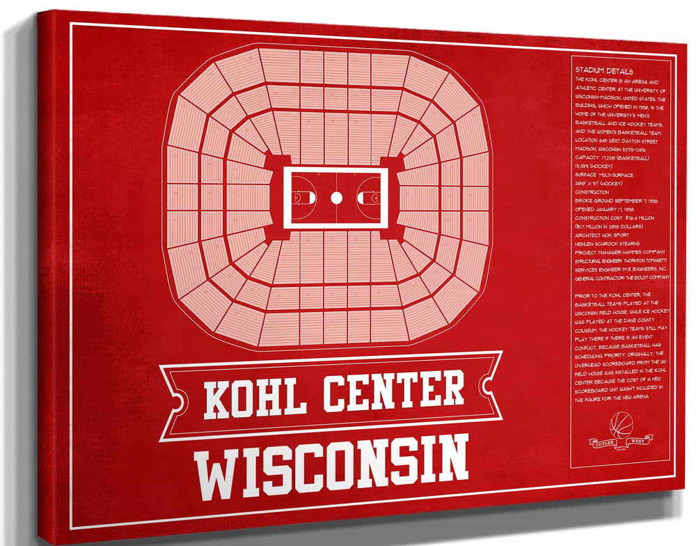 14" x 11" / Stretched Canvas Wrap Cutler West Wisconsin Badgers Team Color Kohl Center Seating Chart Vintage Art Print