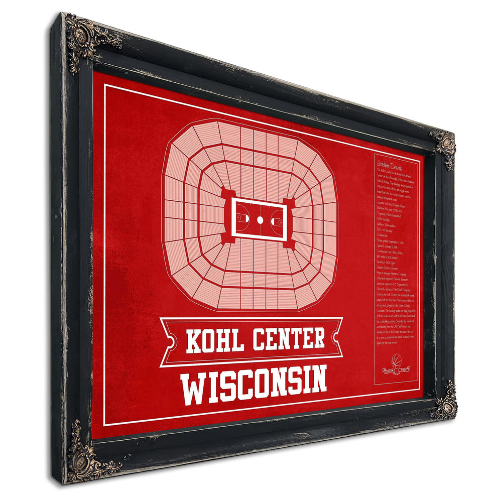 Wisconsin Badgers Team Color Kohl Center Seating Print in a distressed Vintage Black wood frame with ornate corners