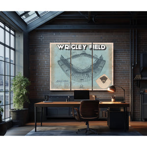 Wrigley Field Art- Chicago Cubs Stadium Print as a 3 panel canvas wrap in an industrial loft office