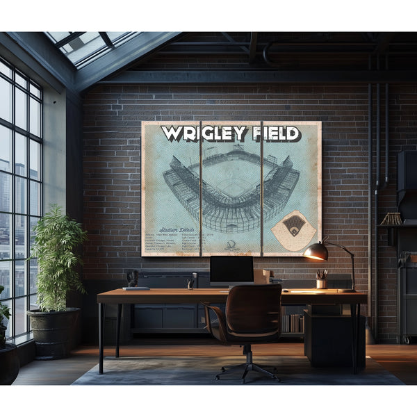 Wrigley Field Art- Chicago Cubs Stadium Print as a 3 panel canvas wrap in an industrial loft office