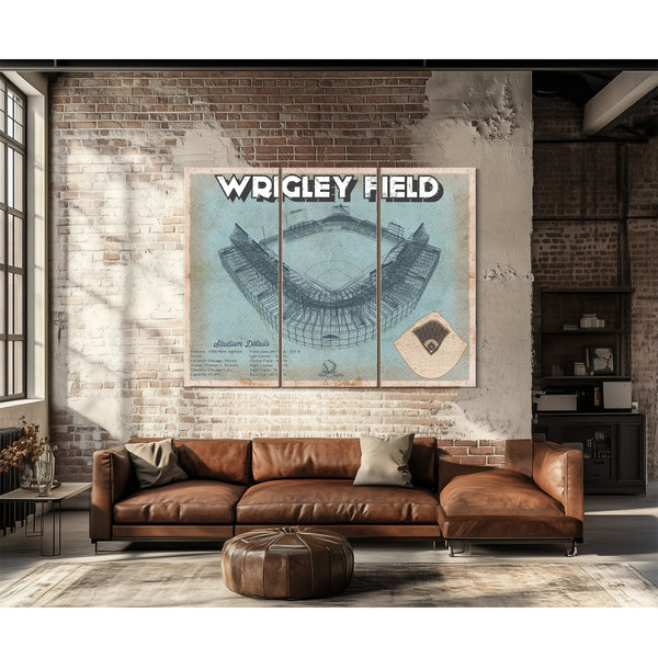 Wrigley Field Art- Chicago Cubs Stadium Print as a 3 panel canvas wrap above a leather sofa