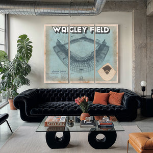 Wrigley Field Art- Chicago Cubs Stadium Print as a 3 panel canvas wrap in a modern living room