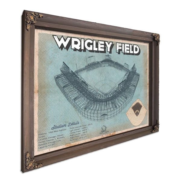 Wrigley Field Art- Chicago Cubs Stadium Print in a Bourbon stained wood frame with antique gold corners
