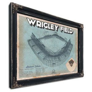 Wrigley Field Art- Chicago Cubs Stadium Print in a distressed Vintage Black wood frame with ornate corners