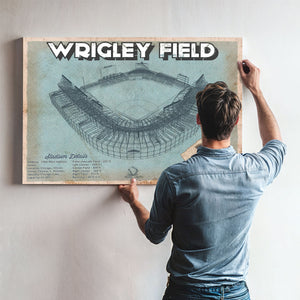 Wrigley Field Art- Chicago Cubs Stadium Print framed in Vintage Black above a mid-century record console