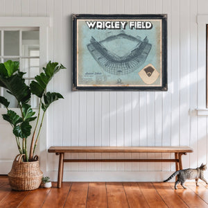 Wrigley Field Art- Chicago Cubs Stadium Print framed in Vintage Black above a rustic console table