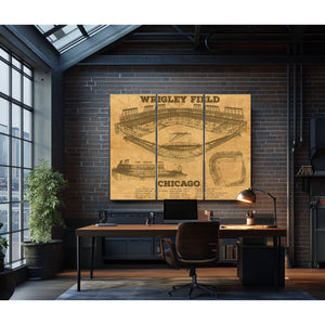 Wrigley Field Art - Chicago Cubs Stadium Print as a 3 panel canvas wrap in an industrial loft office